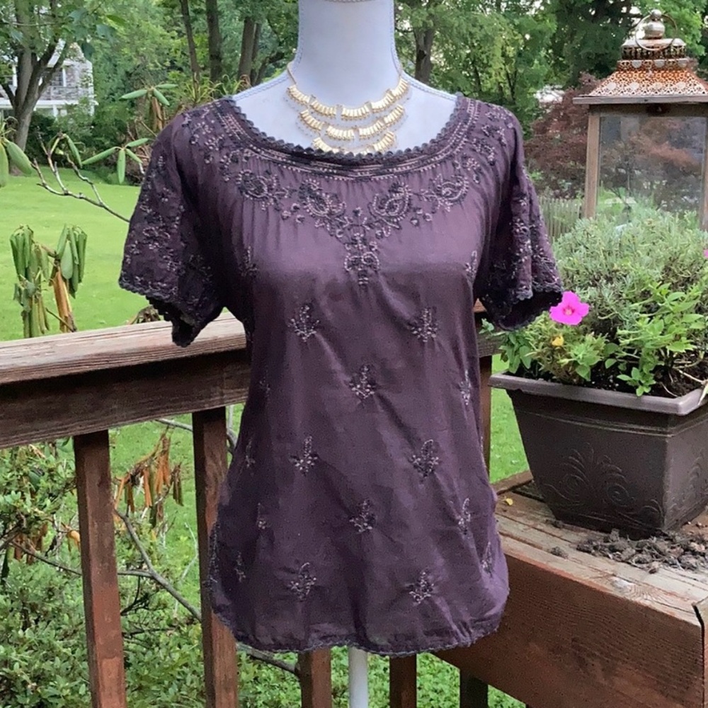 J. Crew Fiesta Floral Plum Embroidered Tunic Top